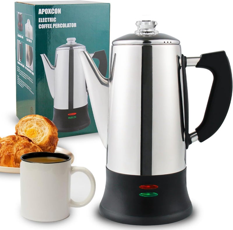 APOXCON Electric Coffee Percolator Stainless Steel Coffee Maker with Two Heat Resistant Tough Glass Clear Brew Progress Knob Classic Look Keep Warm & Cordless Serving Coffee Pot 12 Cup - Image 1